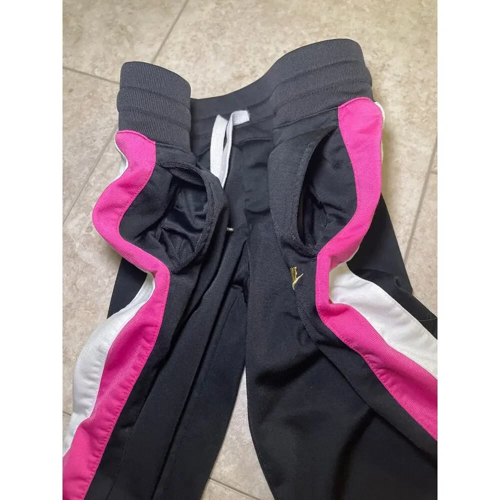2000s Nike Gray Tag Kids Girls Sz L Wide Leg Track Sweat Pants Black Pink Stripe